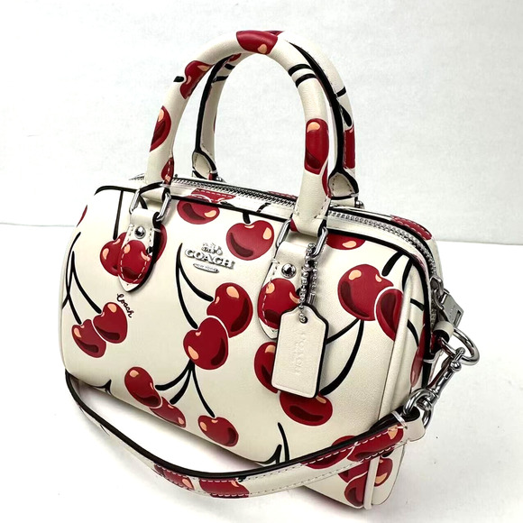 Coach Mini Rowan Crossbody Bag Cherry Print Leather Silver/Chalk Multi CY745 NWT - Picture 3 of 13